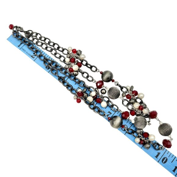 Vintage Premier Designs Necklace Red White Silvertone Multi-Strand Chunky Chain - Picture 5 of 5